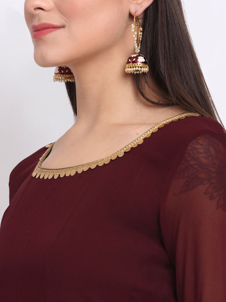 anokherang Combos Smooth Wine Georgette Anarkali with Churidaar and Sequin Dupatta