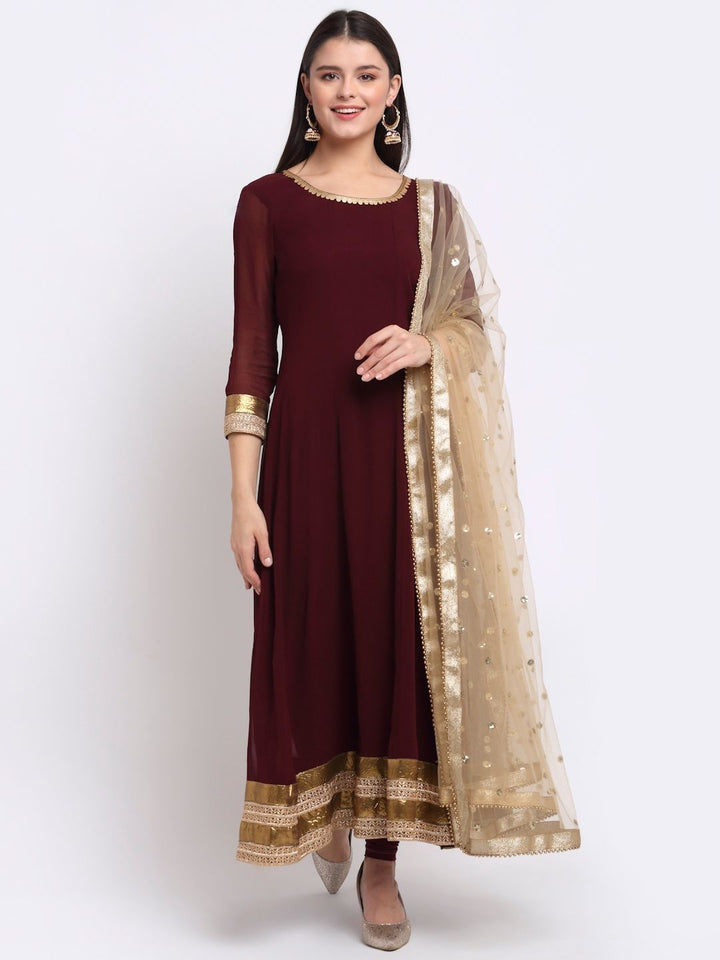 anokherang Combos Smooth Wine Georgette Anarkali with Churidaar and Sequin Dupatta