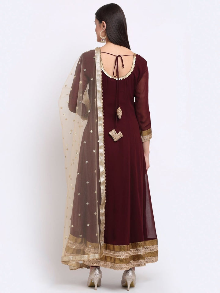 anokherang Combos Smooth Wine Georgette Anarkali with Churidaar and Sequin Dupatta