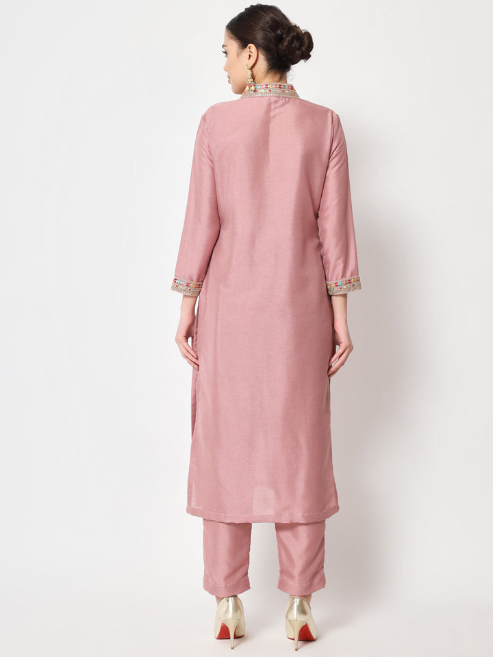 anokherang Combos Soft Mauve Thread Embroidered Kurti with Pants