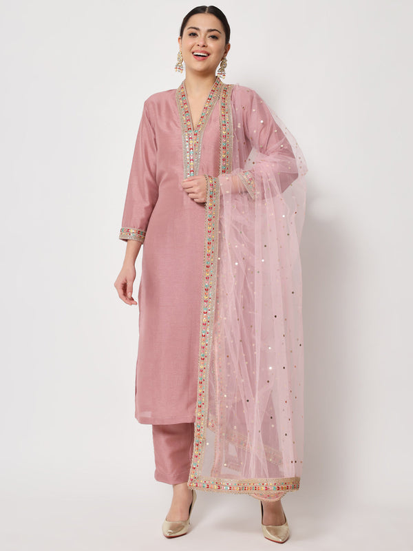 anokherang Combos Soft Mauve Thread Embroidered Kurti with Pants and Dupatta