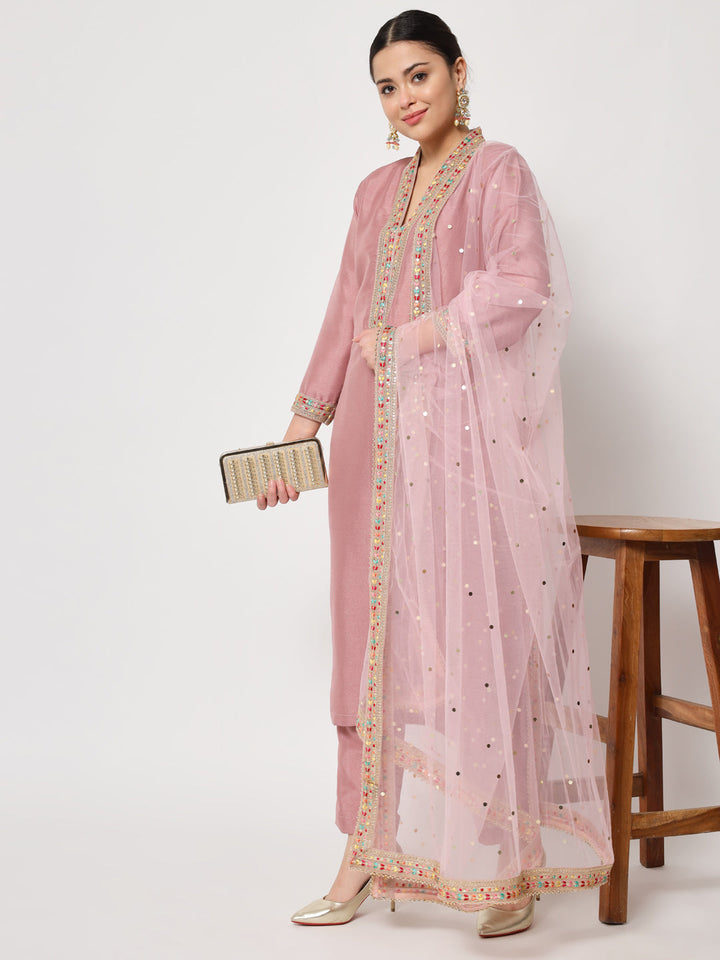 anokherang Combos Soft Mauve Thread Embroidered Kurti with Pants and Dupatta