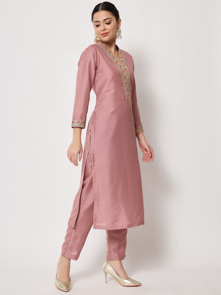 anokherang Combos Soft Mauve Thread Embroidered Kurti with Pants and Dupatta