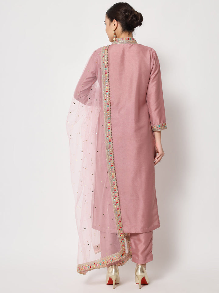 anokherang Combos Soft Mauve Thread Embroidered Kurti with Pants and Dupatta