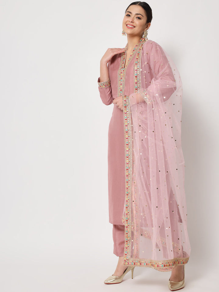 anokherang Combos Soft Mauve Thread Embroidered Kurti with Pants and Dupatta