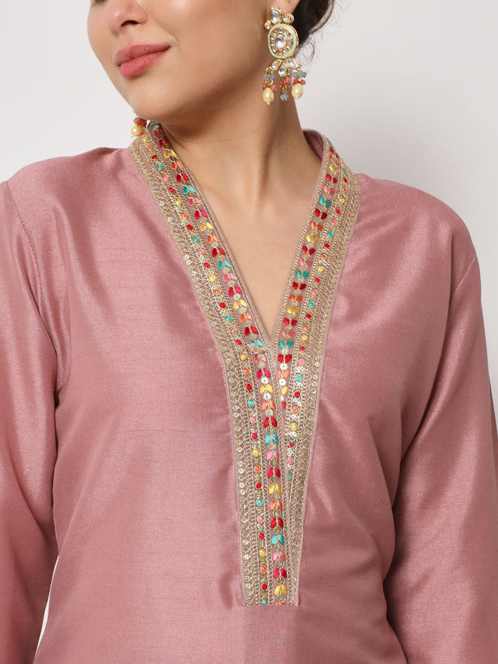 anokherang Combos Soft Mauve Thread Embroidered Kurti with Pants and Dupatta