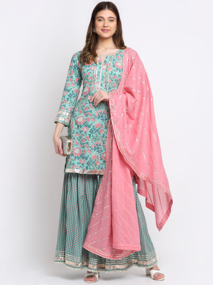 anokherang Combos Soothing Green Pink Printed Sharara and Dupatta