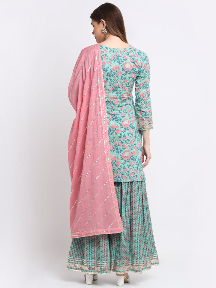 anokherang Combos Soothing Green Pink Printed Sharara and Dupatta