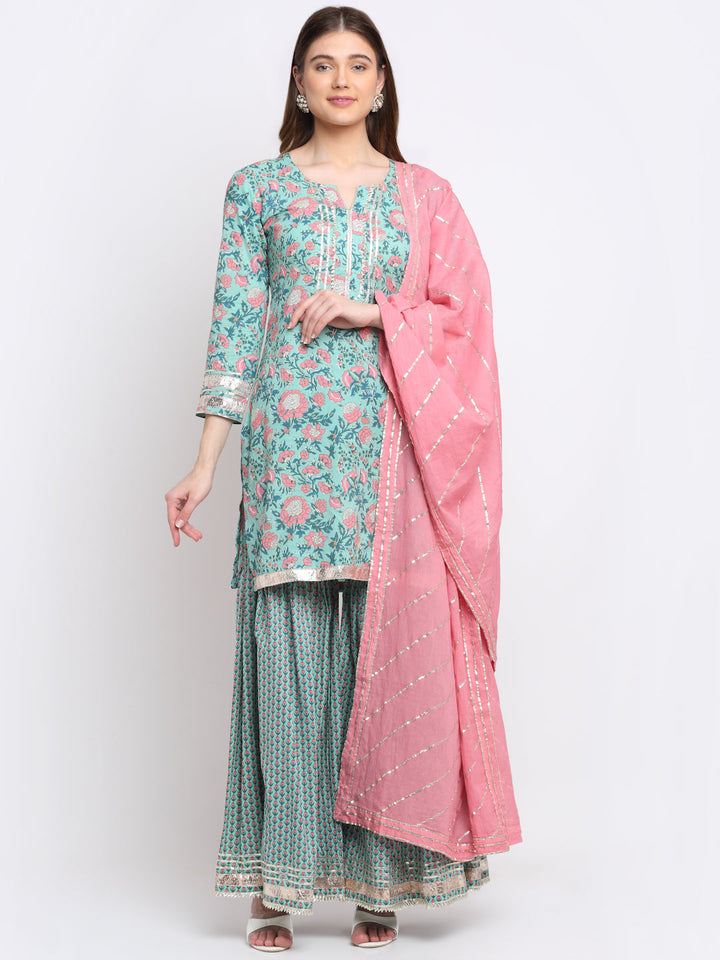 anokherang Combos Soothing Green Pink Printed Sharara and Dupatta