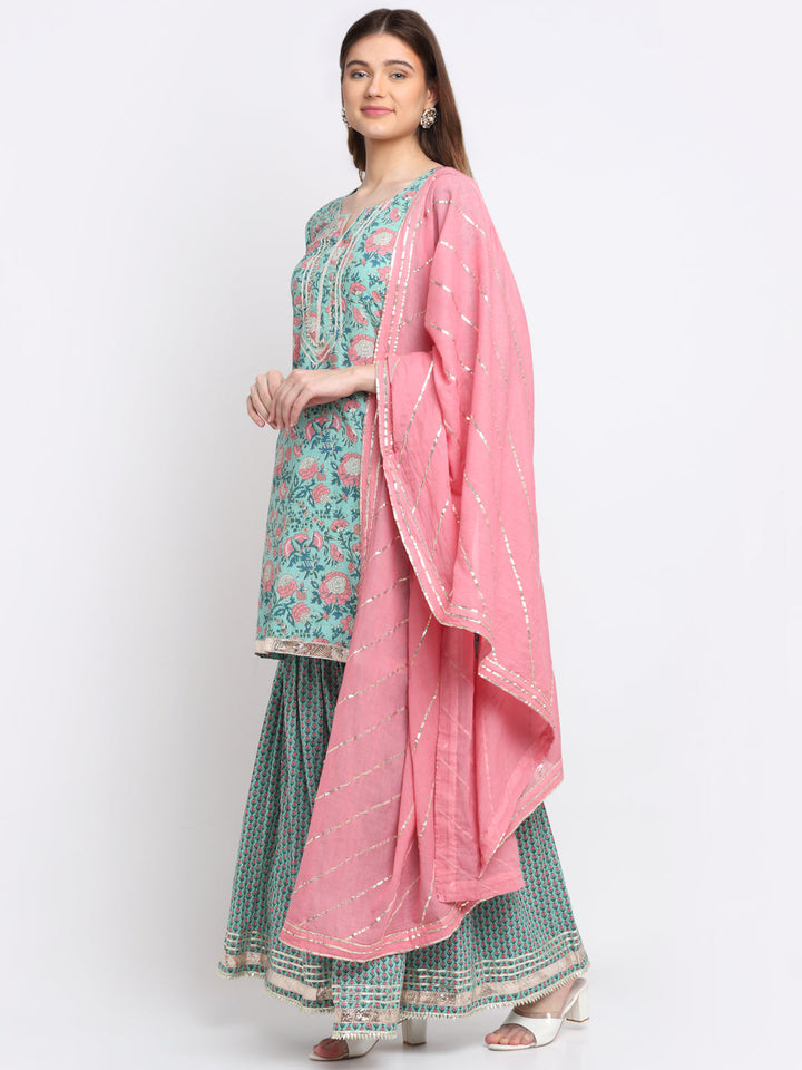 anokherang Combos Soothing Green Pink Printed Sharara and Dupatta