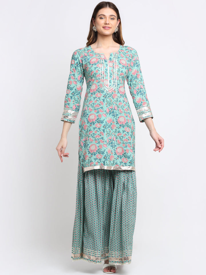 anokherang Combos Soothing Green Pink Printed Sharara and Dupatta