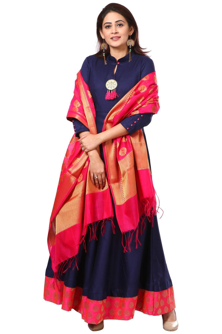 anokherang Combos Space Blue Floor-Length Kurti  with Pink Banarsi Dupatta