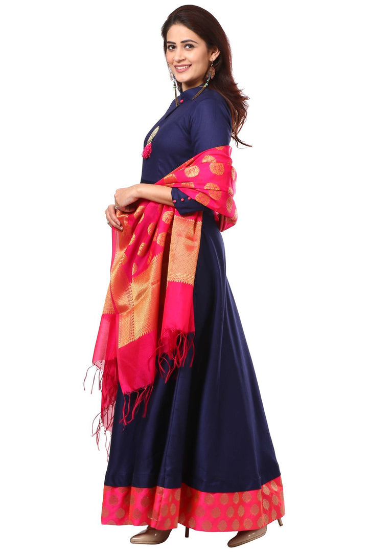 anokherang Combos Space Blue Floor-Length Kurti  with Pink Banarsi Dupatta