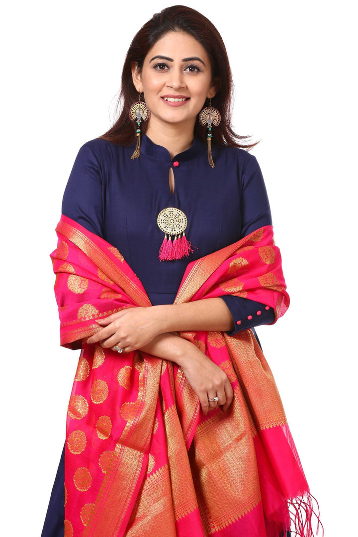 anokherang Combos Space Blue Floor-Length Kurti  with Pink Banarsi Dupatta