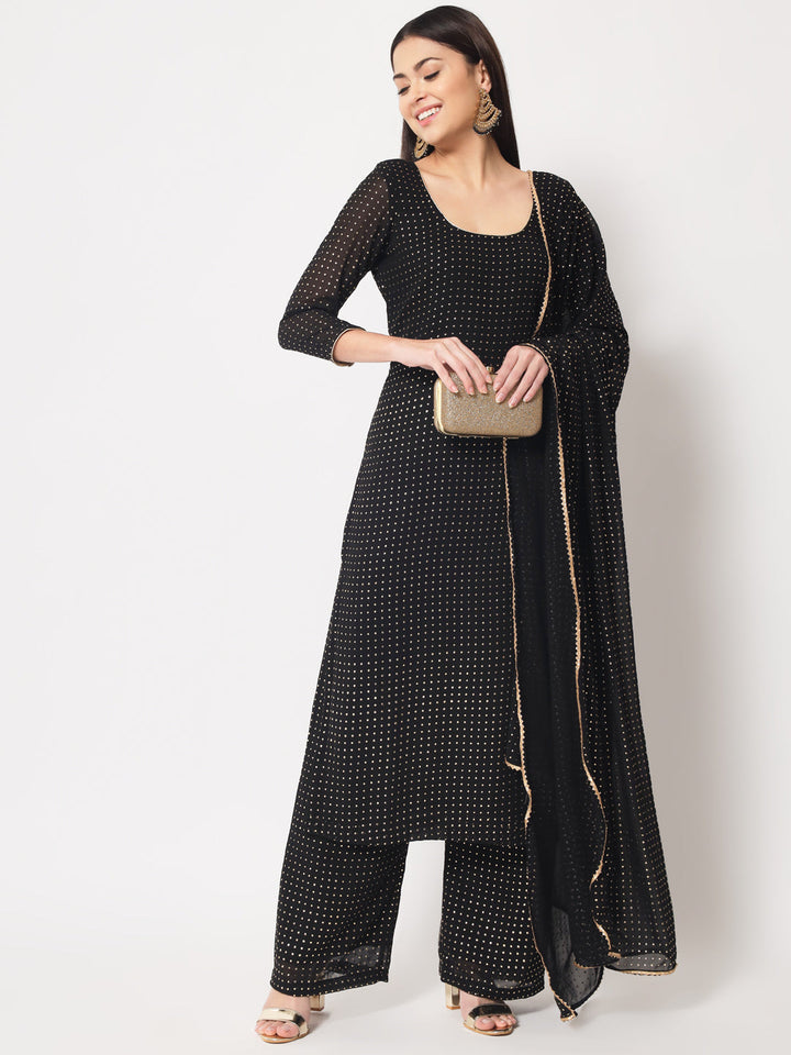 anokherang Combos Sparkling Black Georgette Foil Straight Kurti With Palazzo with dupatta