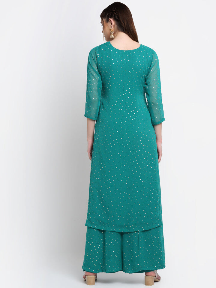 anokherang Combos Sparkling Green Hues Georgette Foil Straight Kurti With Palazzo