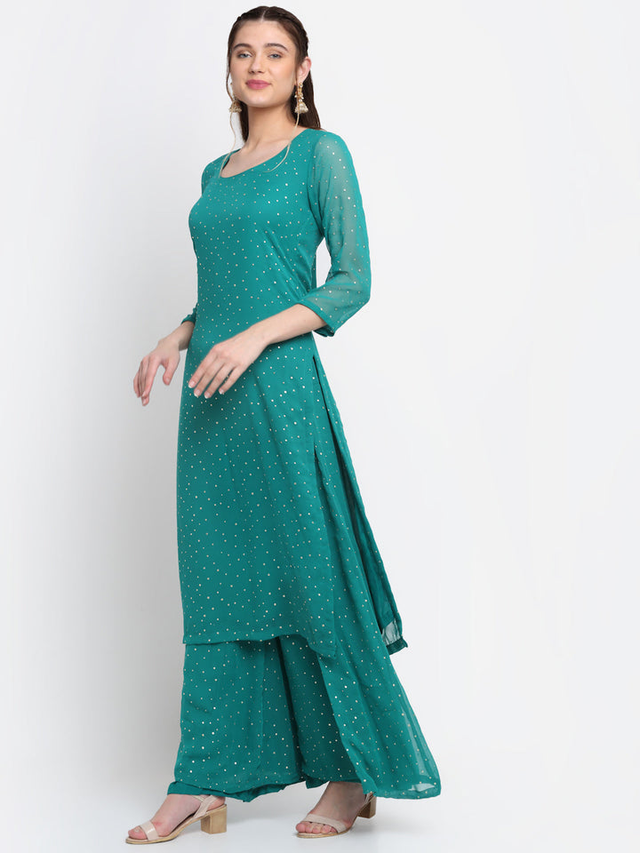 anokherang Combos Sparkling Green Hues Georgette Foil Straight Kurti With Palazzo