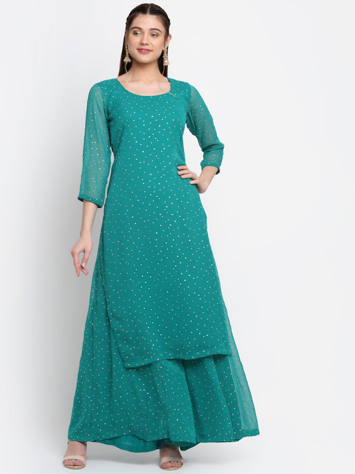 anokherang Combos Sparkling Green Hues Georgette Foil Straight Kurti With Palazzo
