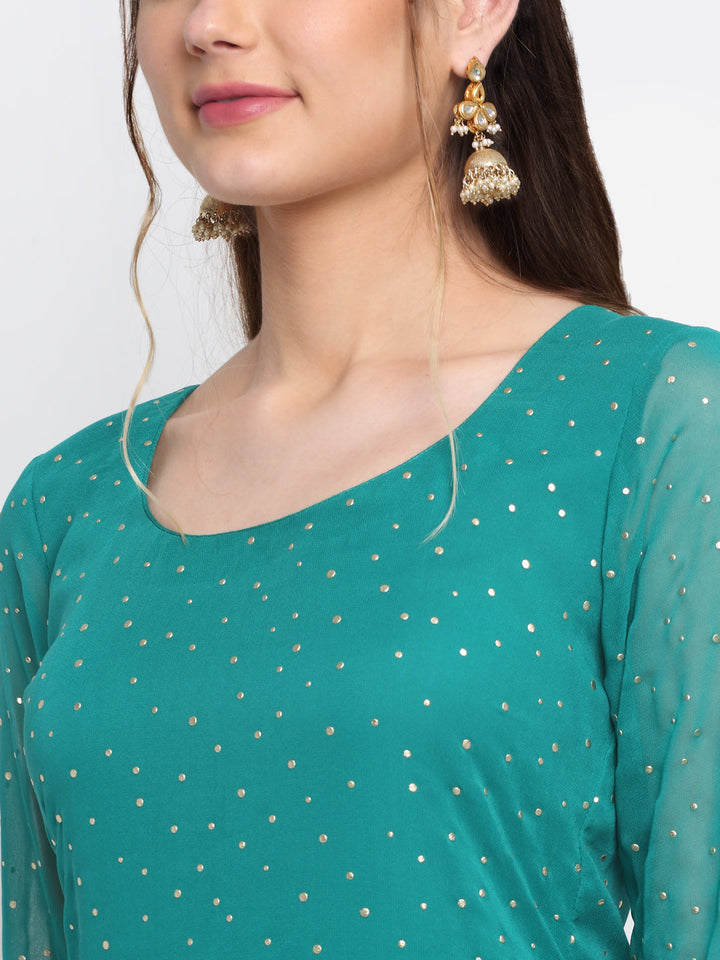 anokherang Combos Sparkling Green Hues Georgette Foil Straight Kurti With Palazzo