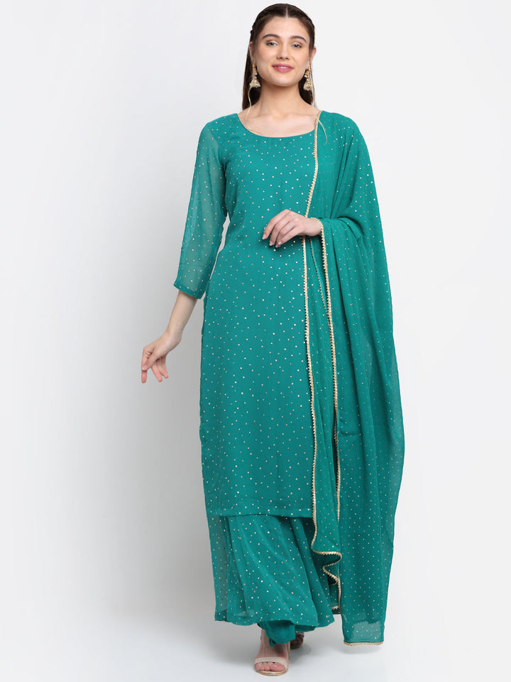 anokherang Combos Sparkling Green Hues Georgette Foil Straight Kurti With Palazzo And Dupatta