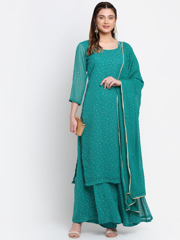 anokherang Combos Sparkling Green Hues Georgette Foil Straight Kurti With Palazzo And Dupatta