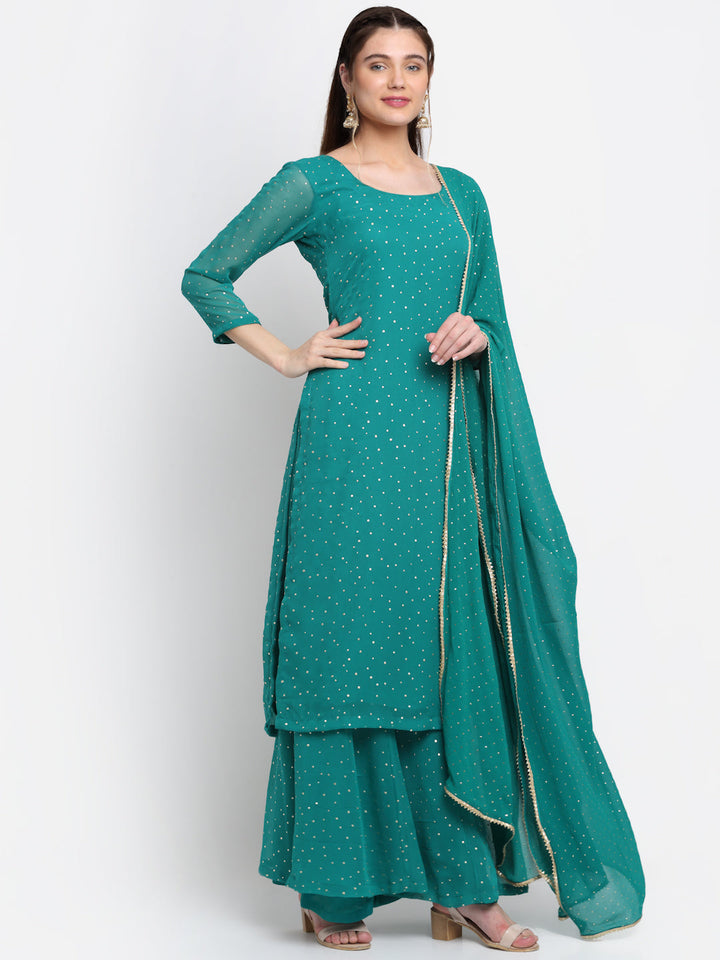 anokherang Combos Sparkling Green Hues Georgette Foil Straight Kurti With Palazzo And Dupatta