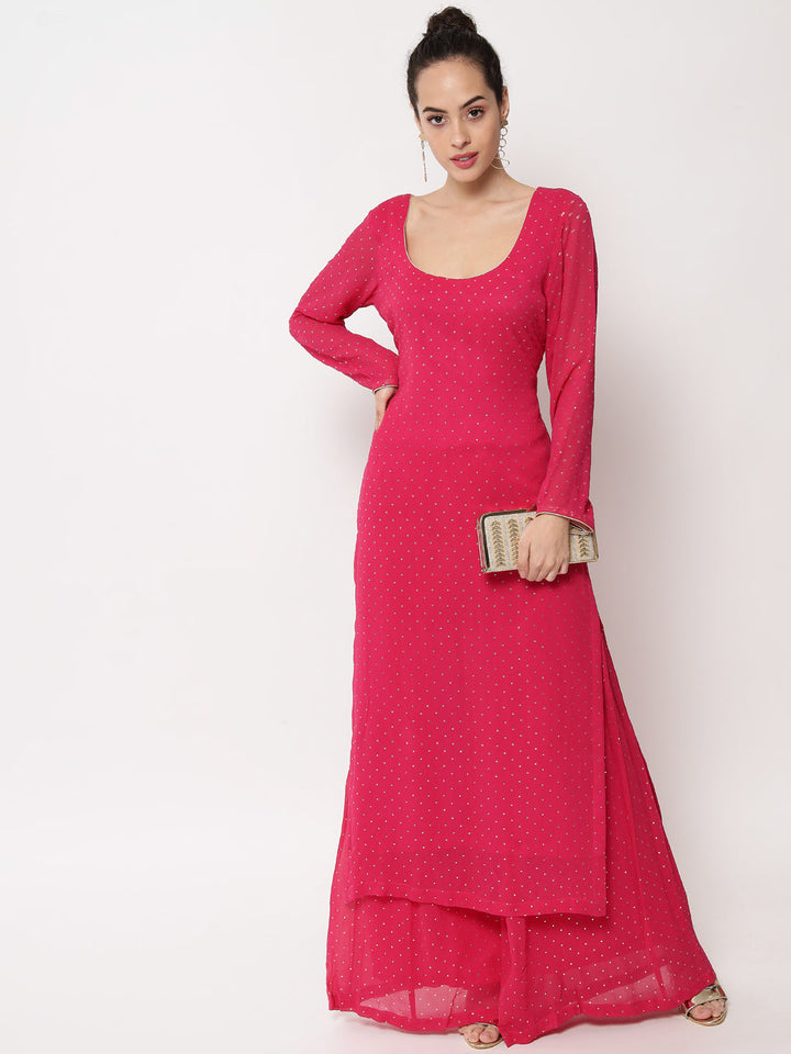 anokherang Combos Sparkling Pink Hues Georgette Foil Straight Kurti With Palazzo