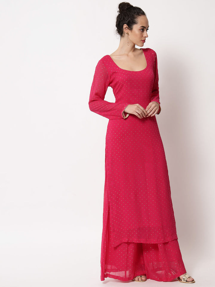 anokherang Combos Sparkling Pink Hues Georgette Foil Straight Kurti With Palazzo