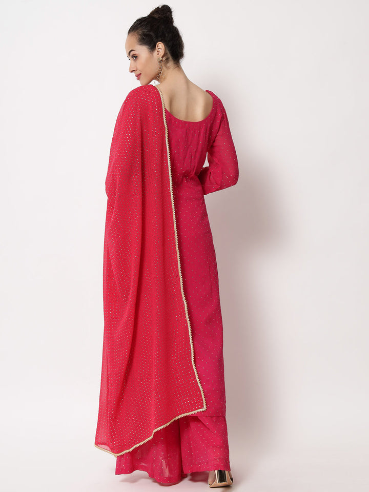 anokherang Combos Sparkling Pink Hues Georgette Foil Straight Kurti With Palazzo And Dupatta