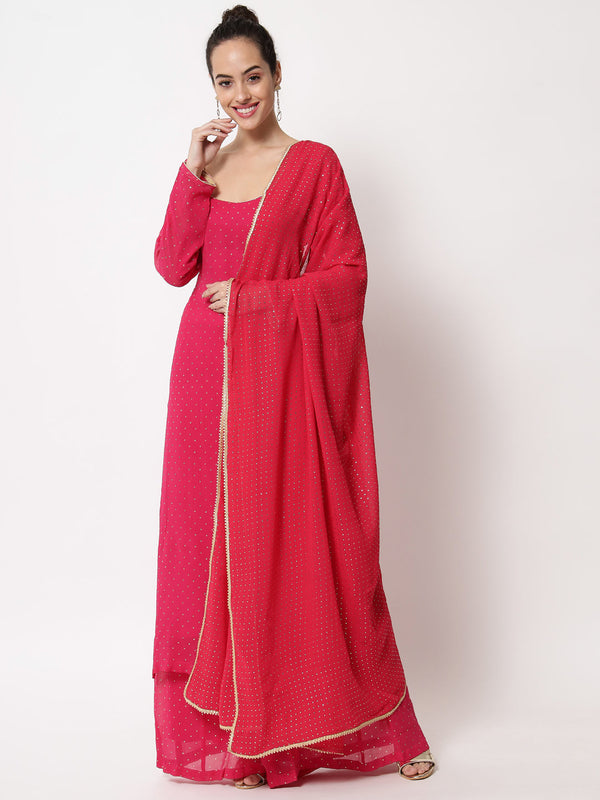 anokherang Combos Sparkling Pink Hues Georgette Foil Straight Kurti With Palazzo And Dupatta