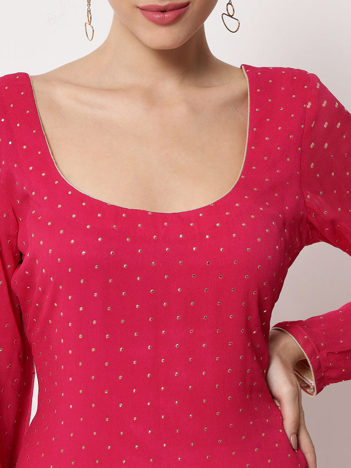anokherang Combos Sparkling Pink Hues Georgette Foil Straight Kurti With Palazzo And Dupatta