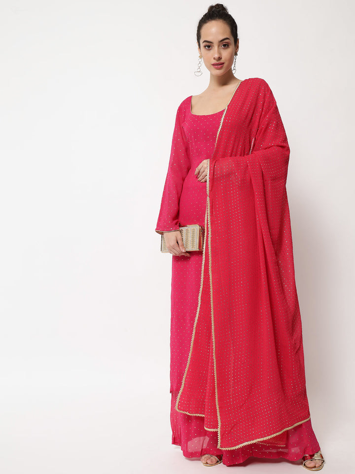 anokherang Combos Sparkling Pink Hues Georgette Foil Straight Kurti With Palazzo And Dupatta