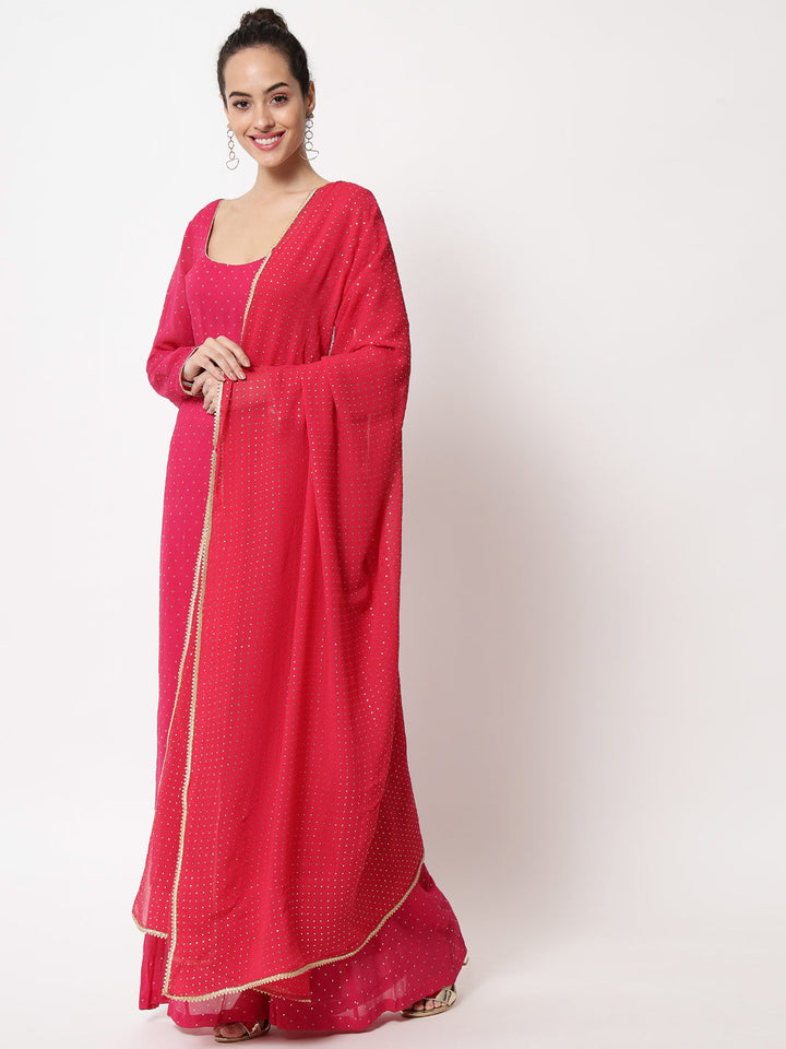 anokherang Combos Sparkling Pink Hues Georgette Foil Straight Kurti With Palazzo And Dupatta