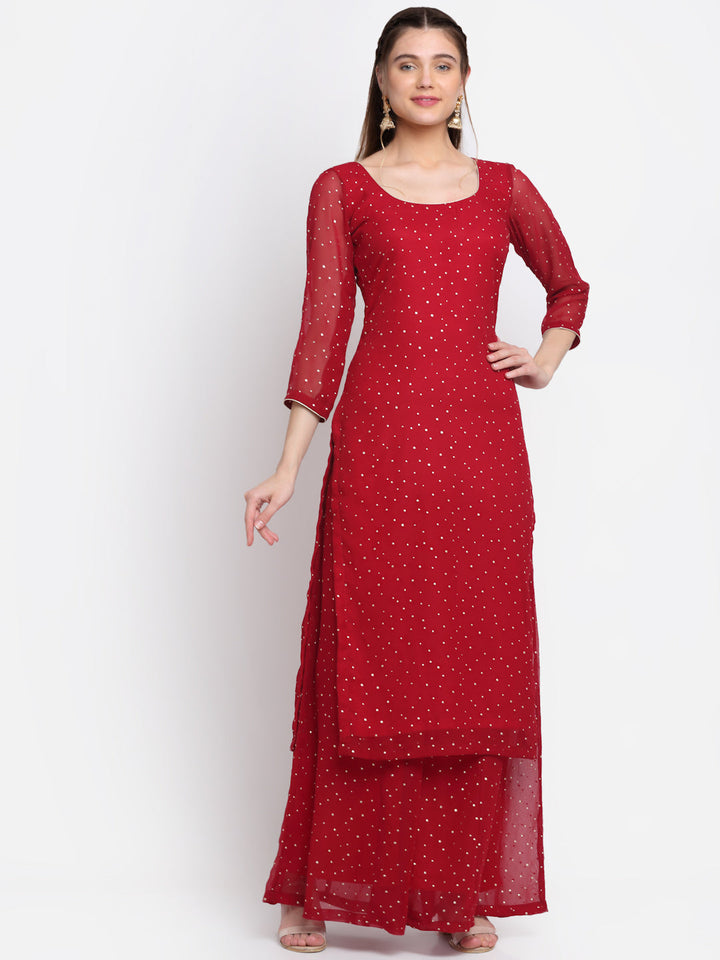 anokherang Combos Sparkling Red Hues Georgette Foil Straight Kurti With Palazzo