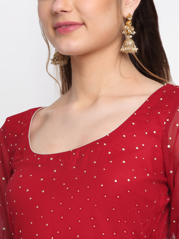 anokherang Combos Sparkling Red Hues Georgette Foil Straight Kurti With Palazzo