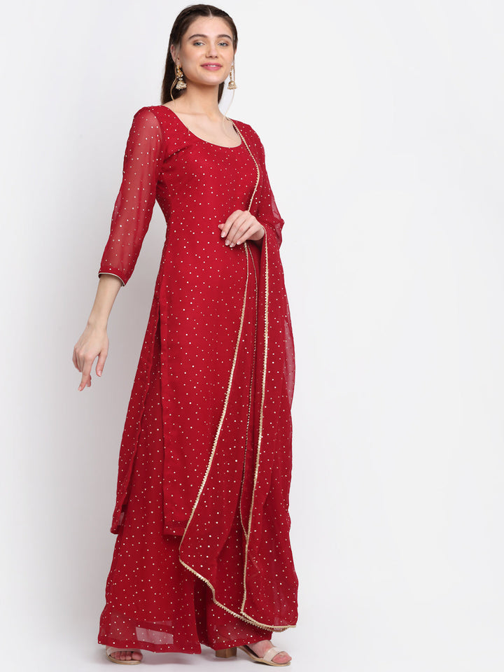 anokherang Combos Sparkling Red Hues Georgette Foil Straight Kurti With Palazzo And Dupatta