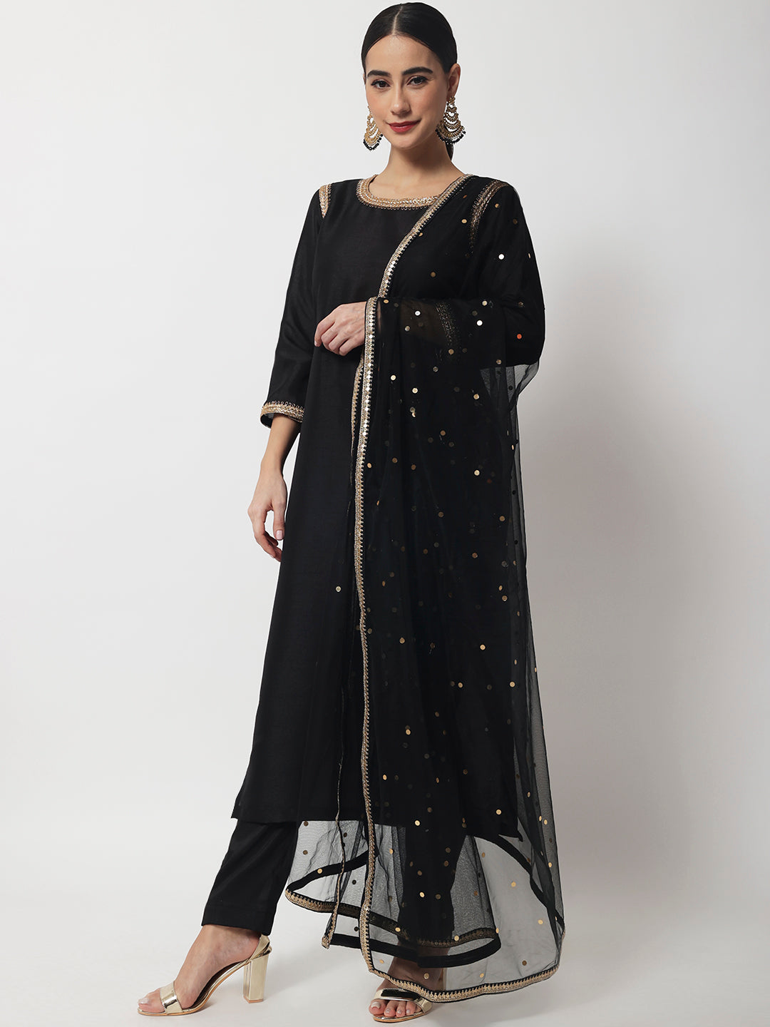 Black Floral Embroidered Rayon Long Kurti