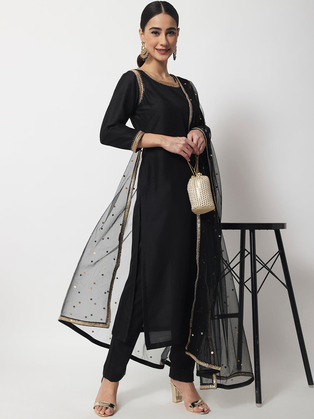 Black Printed Anarkali Kurti Pant & Dupatta Women Designers Salwar Kameez  Dress | eBay