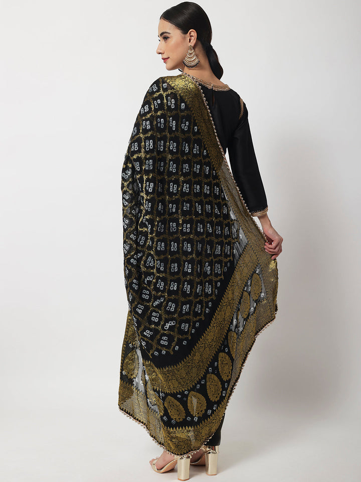 anokherang Combos Stunning Black Silk Kurti with Straight Pants And Banarasi Bhandej Dupatta