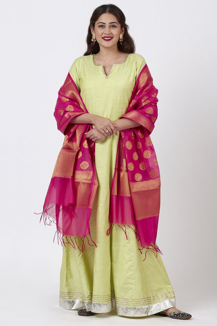 anokherang Combos Subtle Pista Green Kurti Dress with Pink Banarsi Dupatta