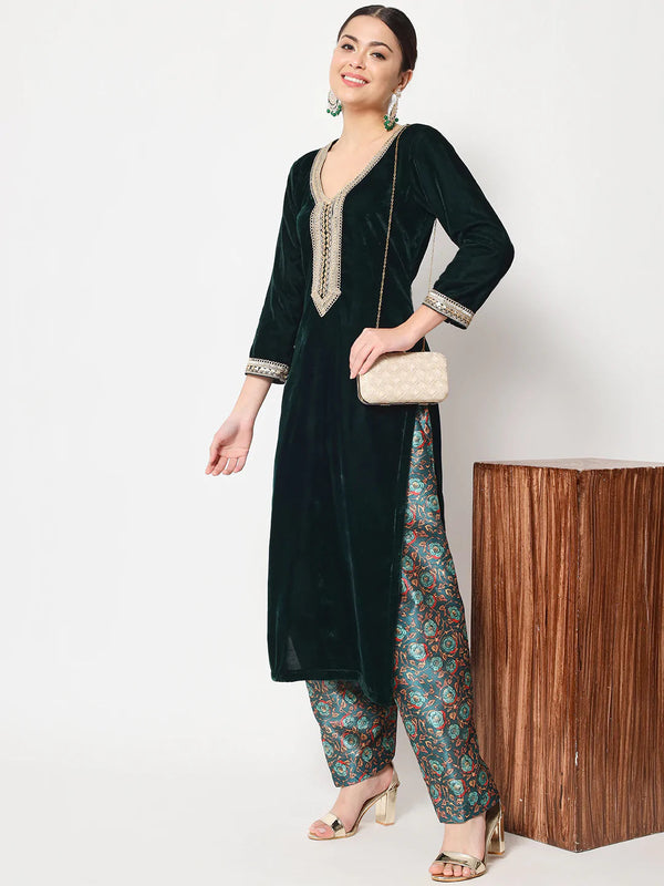 anokherang Combos Sweet Green Velvet Straight Kurti