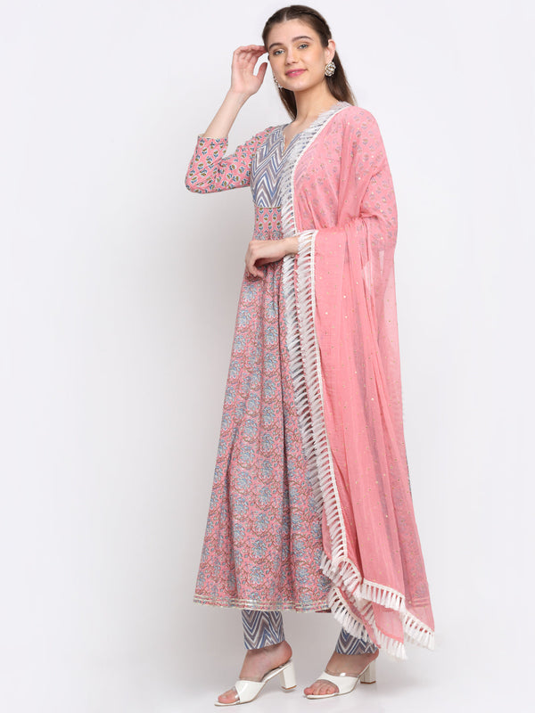 anokherang Combos Sweet Pink Floral Anarkali with Printed Pants and Chiffon Dupatta