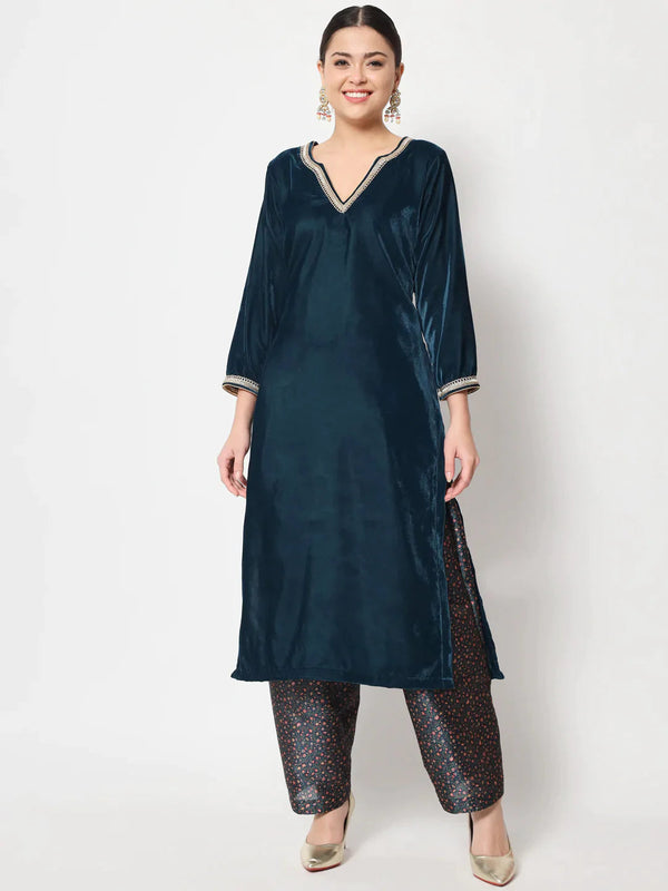 anokherang Combos Sweet Turquoise Velvet Straight Kurti