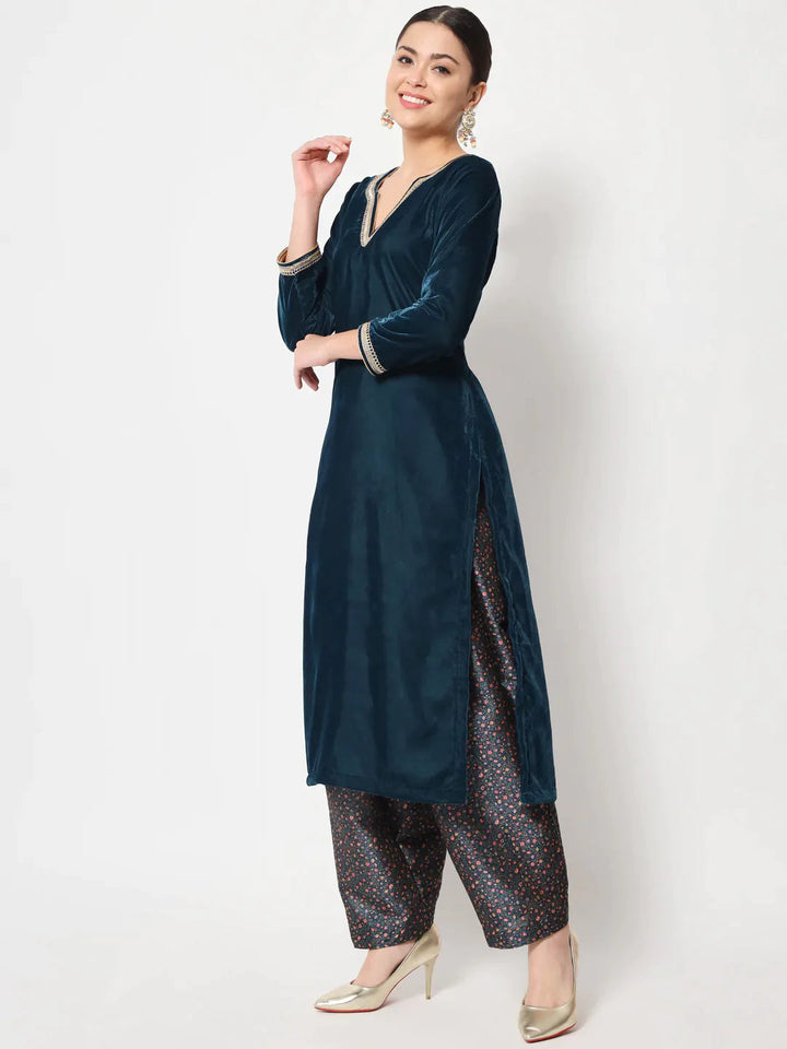 anokherang Combos Sweet Turquoise Velvet Straight Kurti