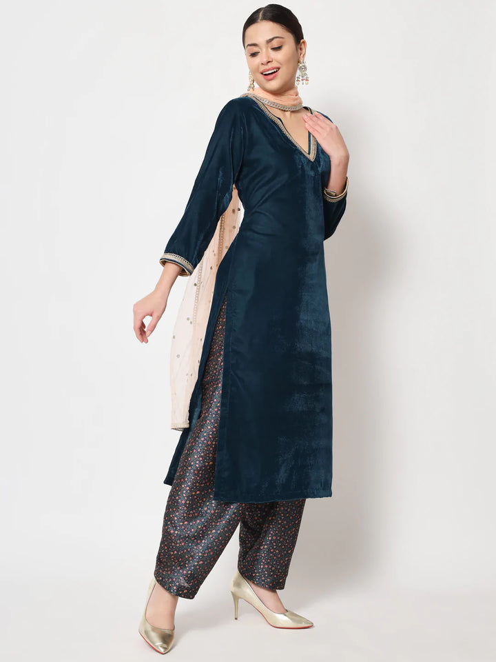 anokherang Combos Sweet Turquoise Velvet Straight Kurti with Printed Salwar and Dupatta