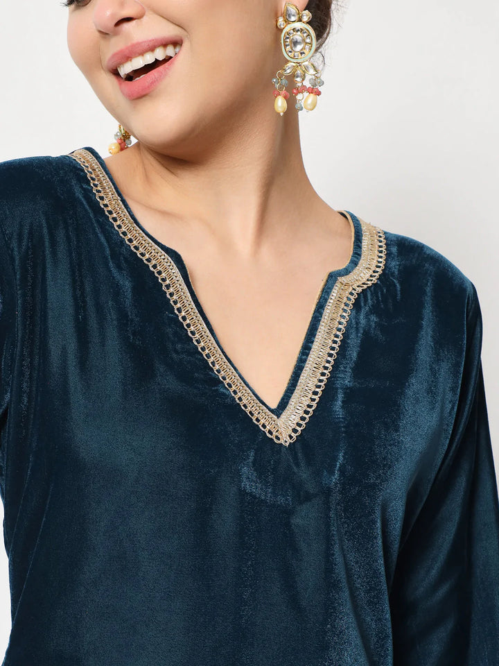 anokherang Combos Sweet Turquoise Velvet Straight Kurti with Printed Salwar and Dupatta