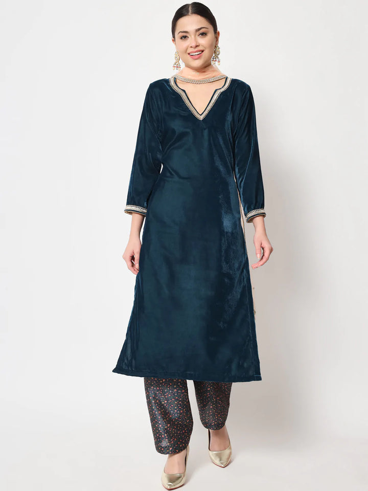 anokherang Combos Sweet Turquoise Velvet Straight Kurti with Printed Salwar and Dupatta