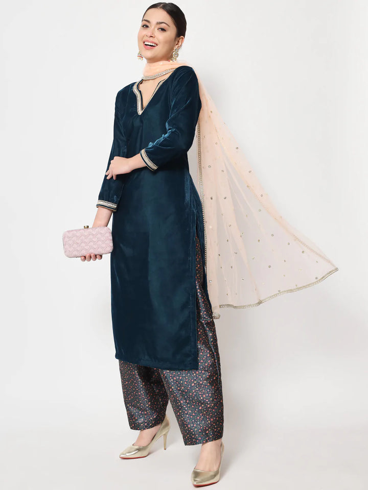 anokherang Combos Sweet Turquoise Velvet Straight Kurti with Printed Salwar and Dupatta