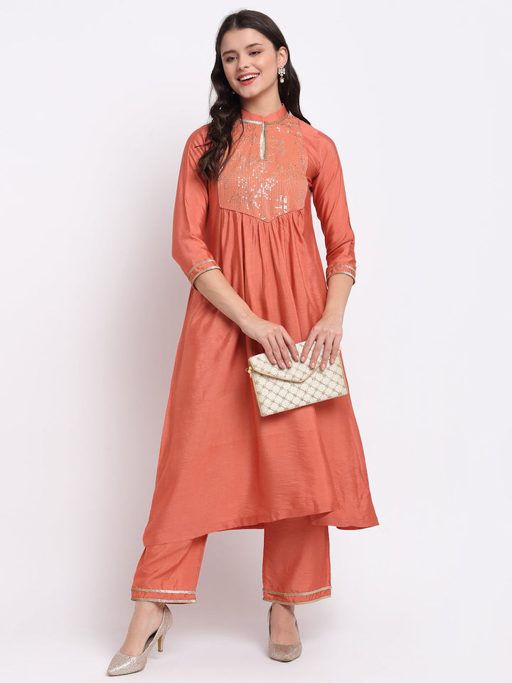 anokherang Combos Tangerine Sequin Yoke A-Line Kurti with Straight Pants