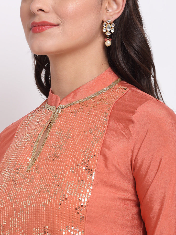 anokherang Combos Tangerine Sequin Yoke A-Line Kurti with Straight Pants